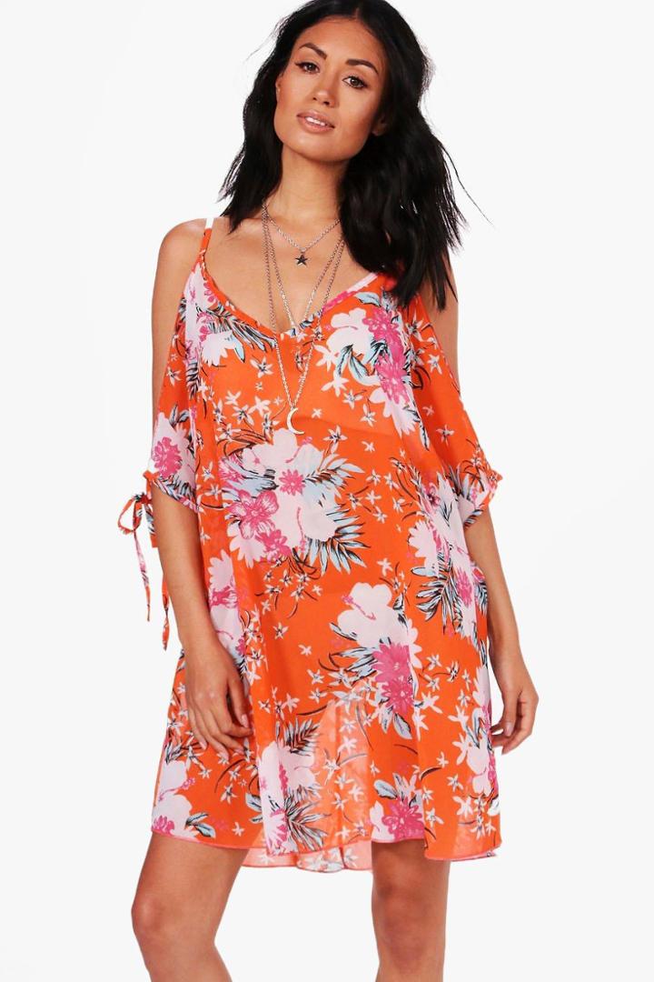 Boohoo Daisy Floral Tie Sleeve Cold Shoulder Beach Dress Orange