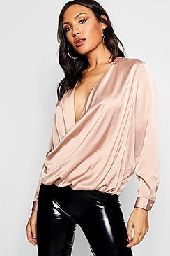 Boohoo Satin Wrap Front Blouse