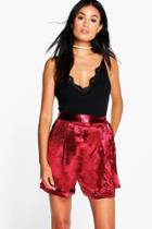 Boohoo Hannah Tie Waist Satin Woven Shorts Berry