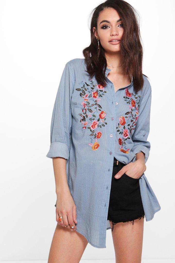 Boohoo Mila Boutique Embroidered Stripe Shirt Multi