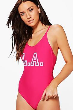 Boohoo Mauritius L.a Slogan Scoop Swimsuit