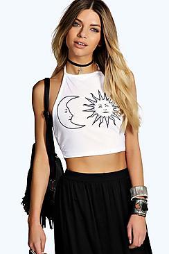 Boohoo Gaby Sun & Moon Print Halter Tie Crop
