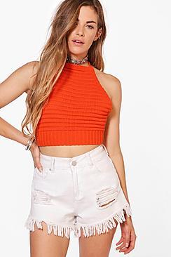 Boohoo Millie Ribbed Crochet Knitted Halter Neck Top