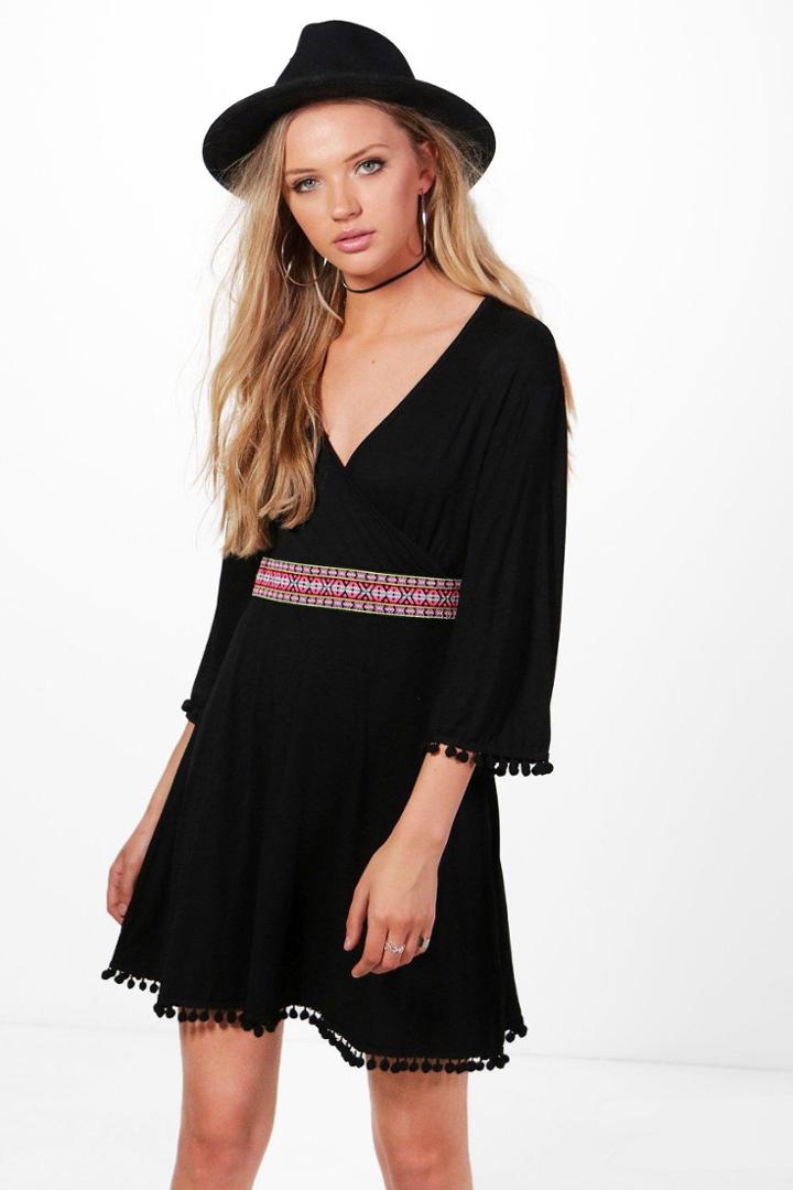 Boohoo Becki Pom Pom Wrap Aztec Trim Skater Dress Black