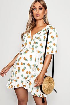 Boohoo Plus Flo Pineapple Ruffle Wrap Dress