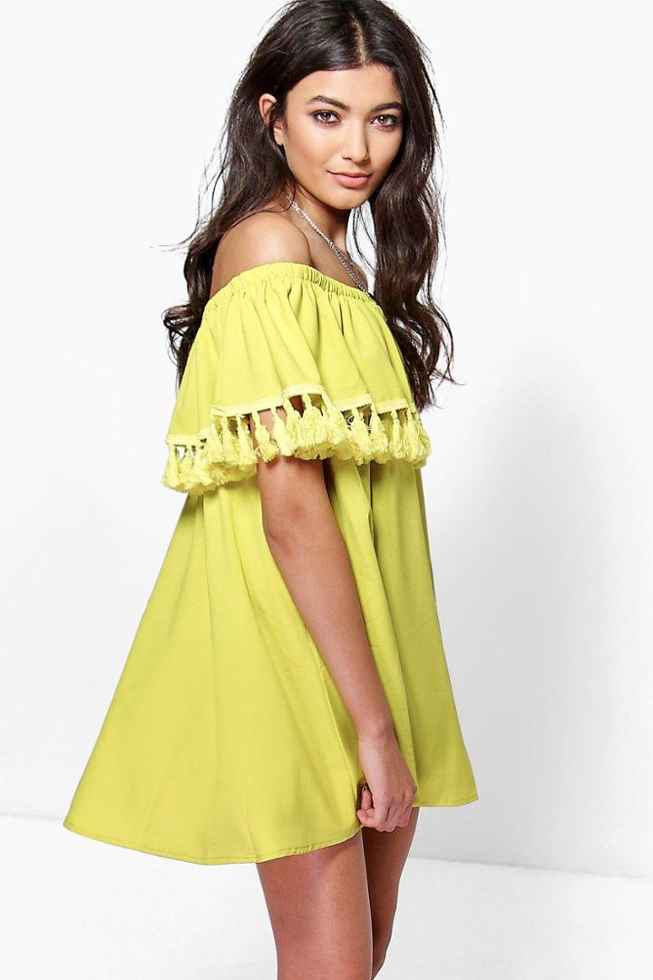 Boohoo Niyati Tassel Trim Off The Shoulder Shift Dress Lime