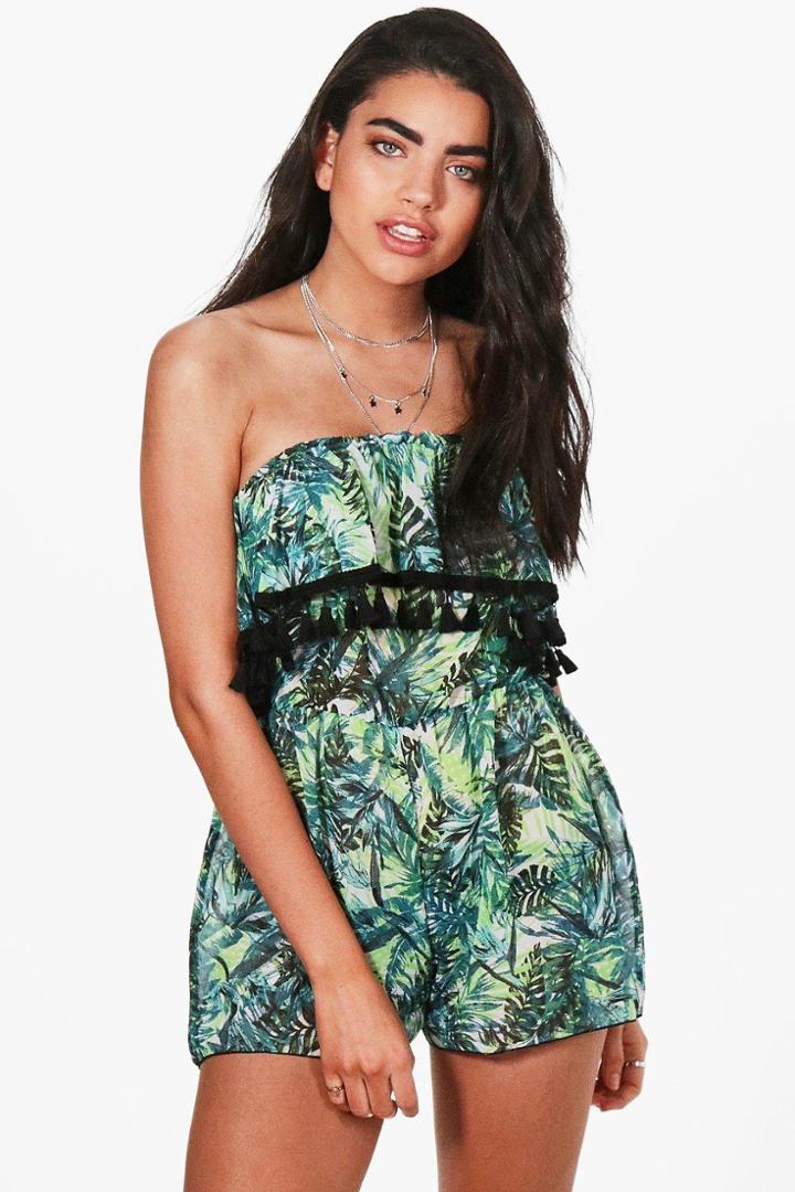 Boohoo Caroline Leaf Print Tassel Trim Beach Playsuit Green