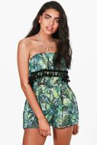 Boohoo Caroline Leaf Print Tassel Trim Beach Playsuit Green