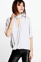 Boohoo High Neck Cut Out Choker Wrap Front Blouse