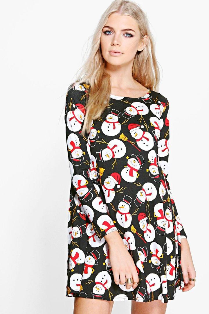 Boohoo Noelle Christmas Snowman Swing Dress Black