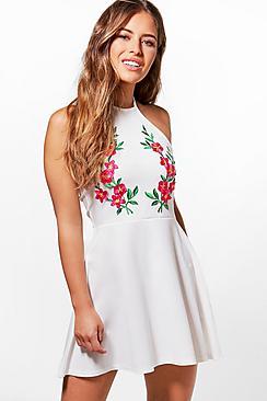 Boohoo Petite Ivy Crepe Halterneck Applique Skater Dress