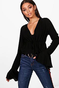 Boohoo Isabella Tie Front Frill Cuff Blouse