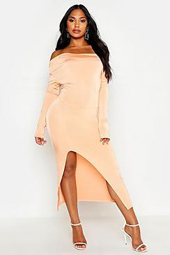 Boohoo Slinky Cowl Front Ruched Midi Dress