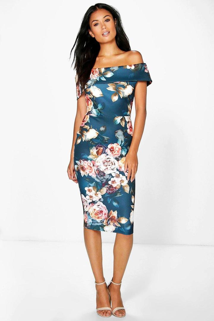 Boohoo Marnie Off Shoulder Floral Midi Dress Multi