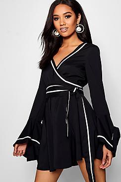 Boohoo Petite Contrast Detail Wrap Skater Dress