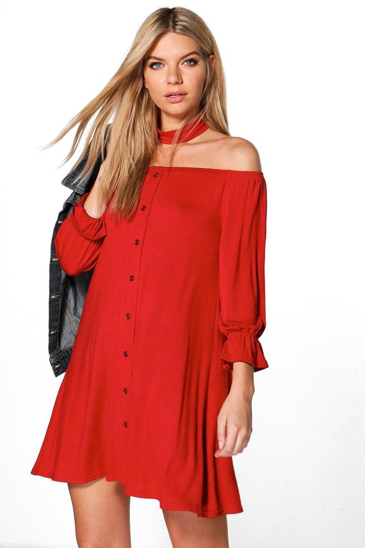 Boohoo Fiona Off Shoulder Choker Shift Dress Rust