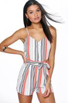 Boohoo Bella Belted Striped Cami Playsuit Coral