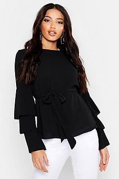 Boohoo Woven Ruffle Sleeve Tie Waist Blouse