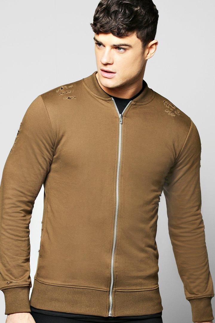 Boohoo Distressed Jersy Bomber Olive