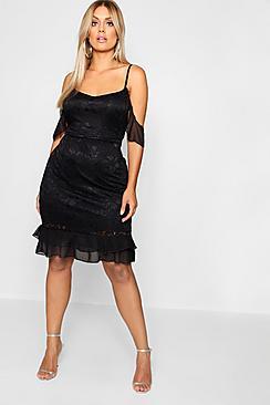 Boohoo Plus Cold Shoulder Lace Frill Dress