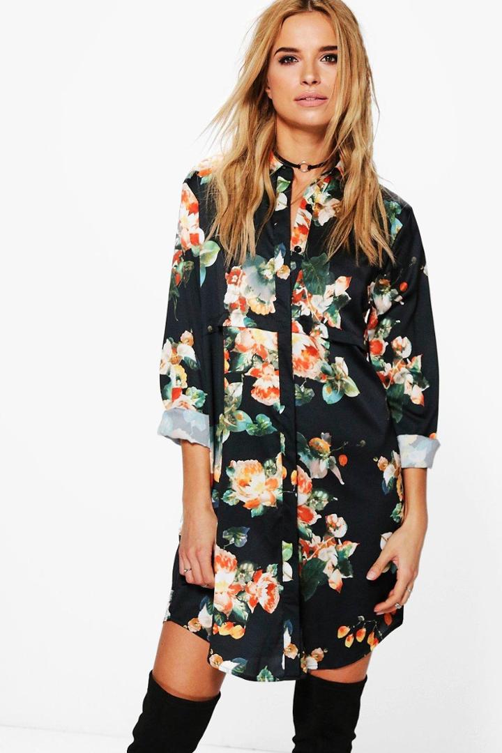 Boohoo Annie Floral Satin Shirt Dress Black