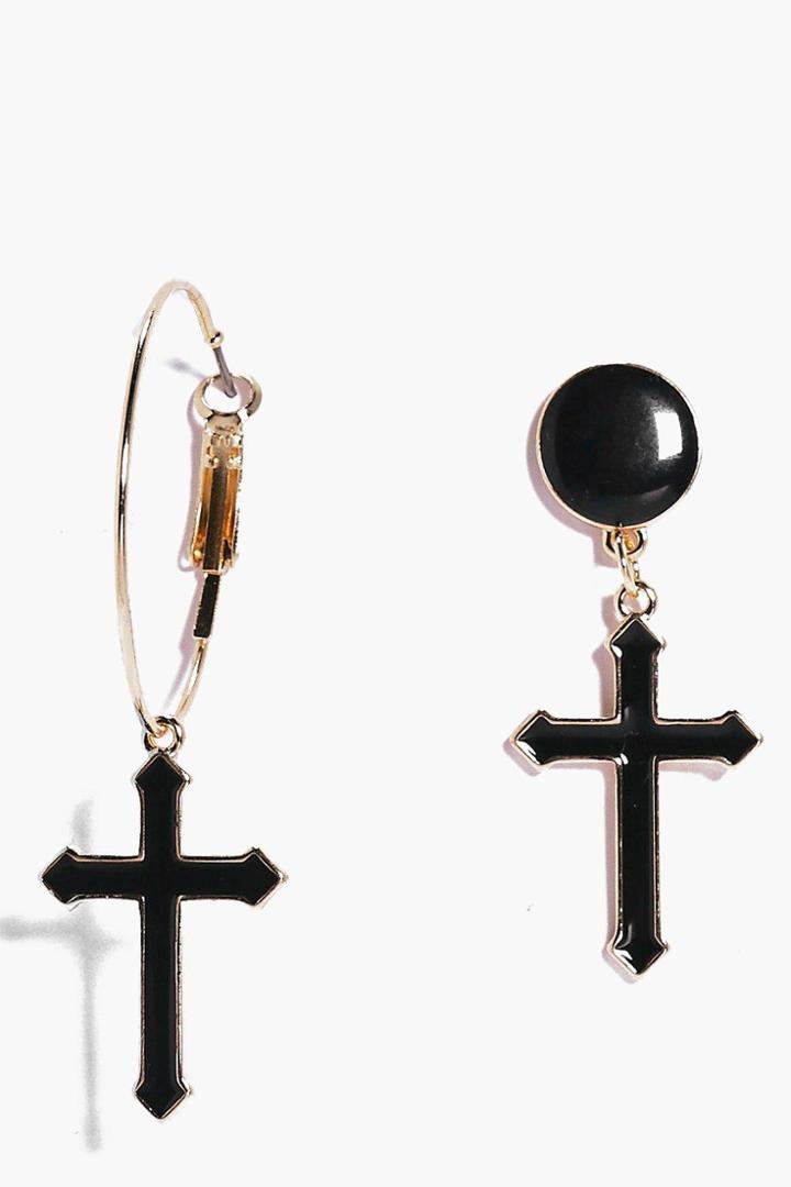 Boohoo Leila Cross Pendant Mismatch Earrings Gold