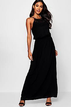 Boohoo Crochet Trim Woven Viscose Maxi Dress