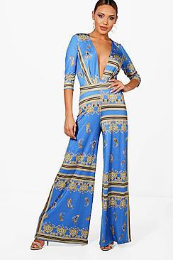 Boohoo Freya Blue Scarf Print Wide Leg Plunge Jumpsuit