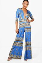 Boohoo Freya Blue Scarf Print Wide Leg Plunge Jumpsuit
