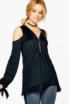 Boohoo Esme Zip Detail Cold Shoulder Top Black