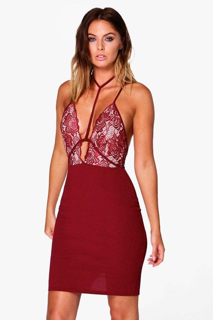 Boohoo Mona Lace Harness Detail Bodycon Dress Berry