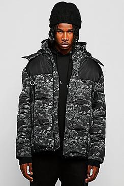 Boohoo Contrast Printed Puffer With Hood