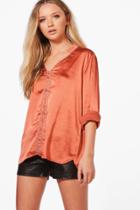 Boohoo Sophia Satin Blouse With Piping Rust
