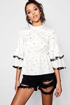 Boohoo Freya Star Print Pom Pom Double Ruffle Top
