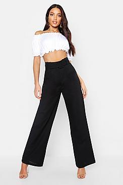 Boohoo Linen Mix Belted Paperbag Wide Leg