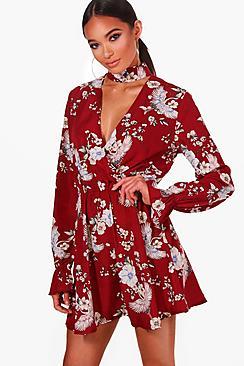 Boohoo Sue Oriental Wrap Choker Skater Dress