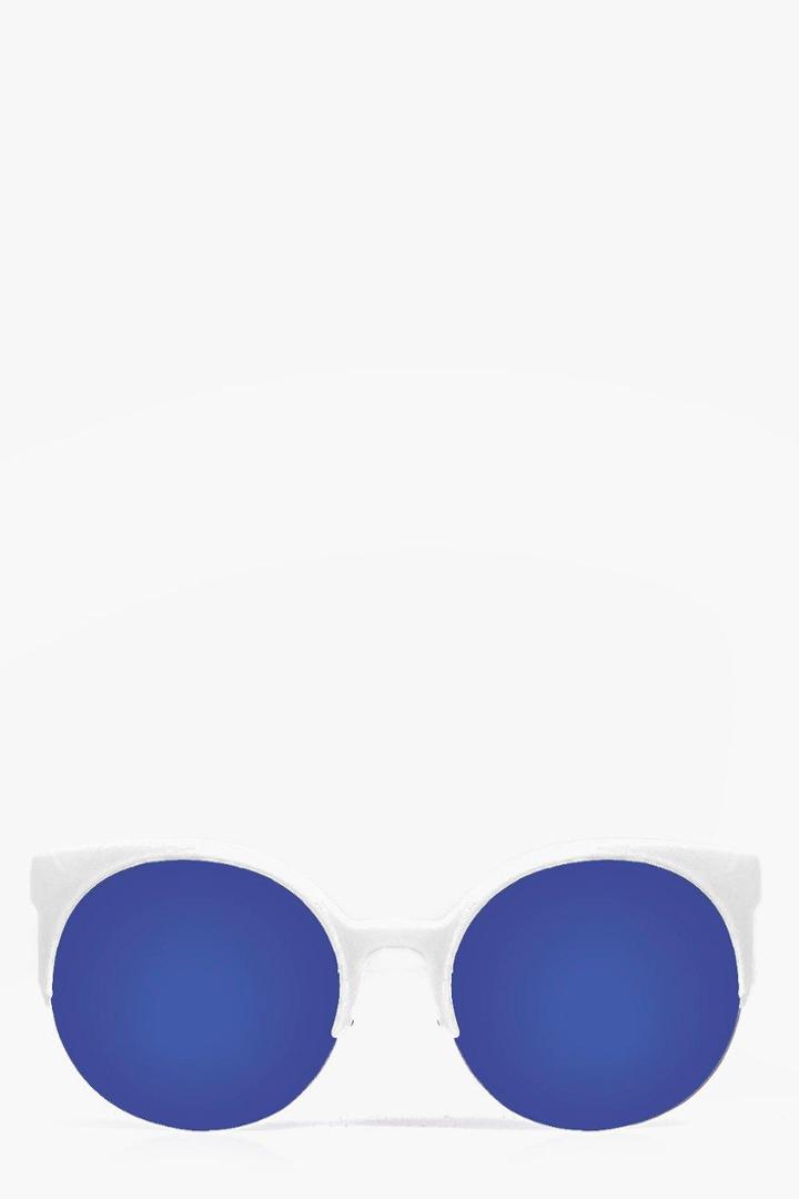 Boohoo Heidi Blue Lense Round Frame Sunglasses White