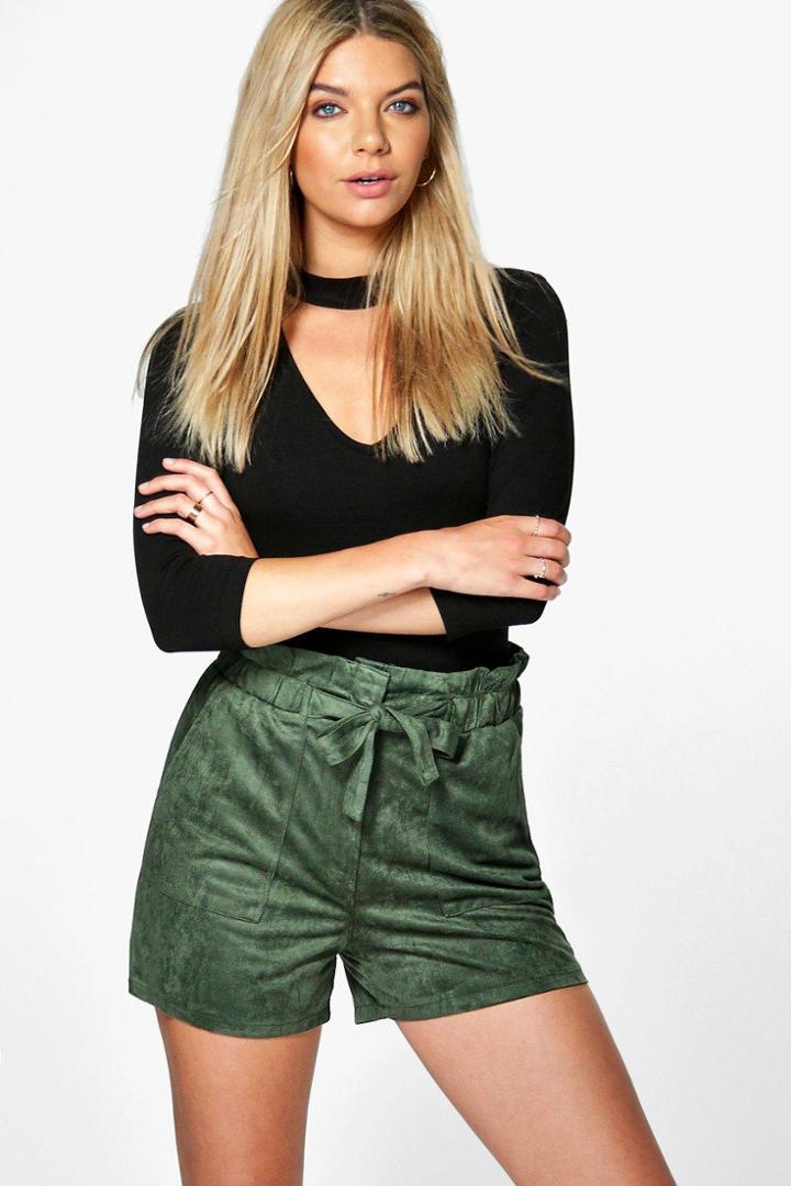 Boohoo Nia Tie Waist Suedette Short Khaki