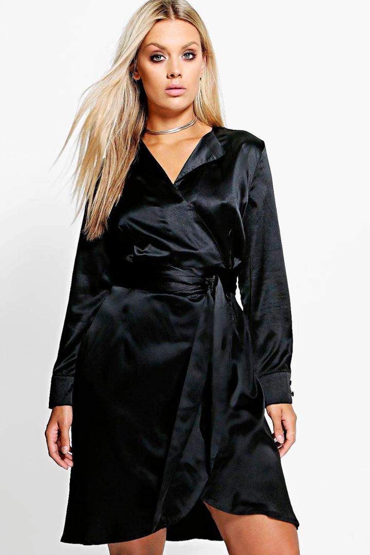 Boohoo Plus Tessa Satin Wrap Shirt Dress Black