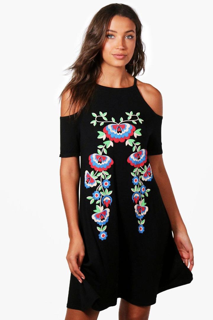 Boohoo Tall Freya Cold Shoulder Printed Swing Dress Black