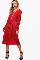 Boohoo Zoe Lace Up Front Fluted Sleeve Midi Dress