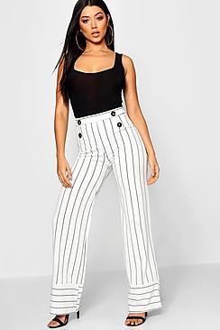 Boohoo Monochrome Stripe Mock Horn Detail Wide Leg Trouser