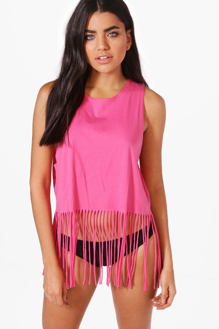 Boohoo Bella Fringed Beach Tank Top Pink
