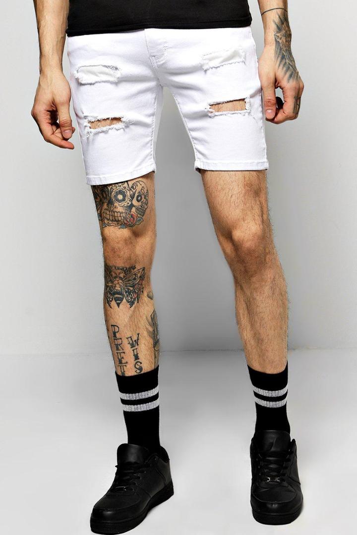 Boohoo Skinny Fit Distressed Denim Shorts White