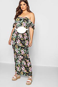 Boohoo Plus Tropical Print Off The Shoulder Maxi Dress