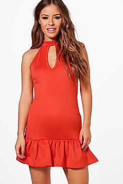 Boohoo Petite Choker Detail Frill Hem Dress