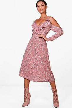 Boohoo Floral Cold Shoulder Midi Dress