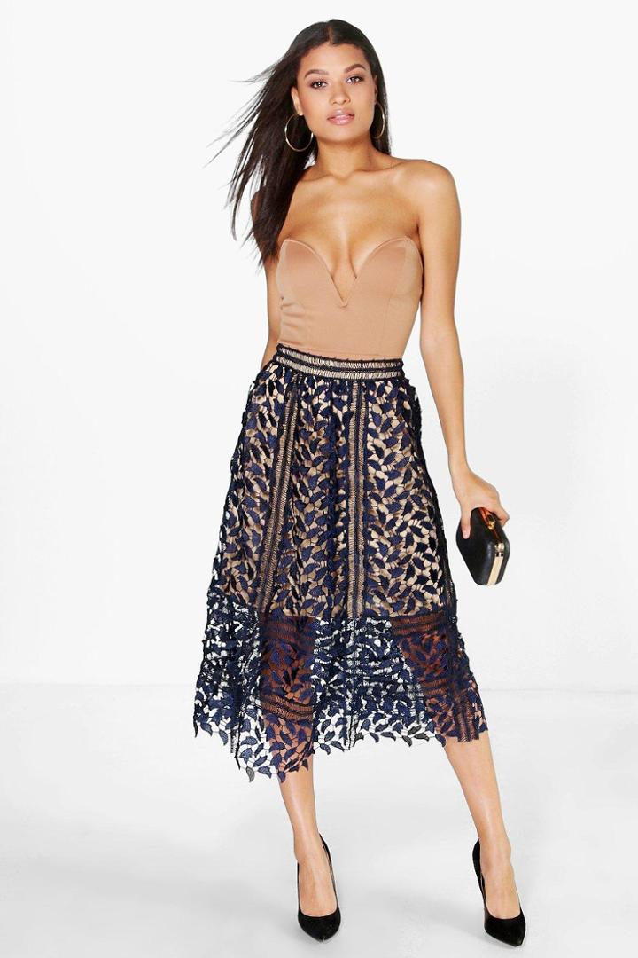 Boohoo Honer Boutique Crochet Lace Midi Skirt Navy