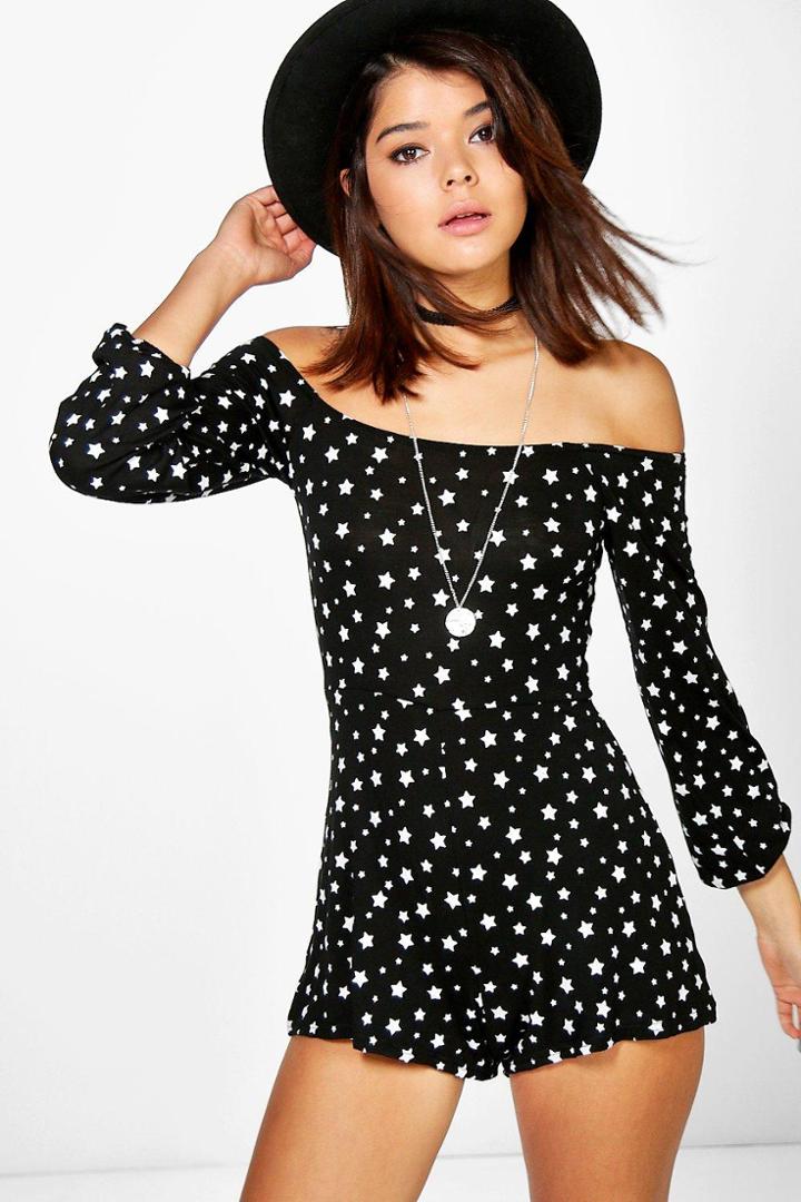 Boohoo Stacy Star Print Off The Shoulder Playsuit Black