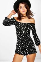 Boohoo Stacy Star Print Off The Shoulder Playsuit Black